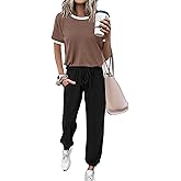 MASCOMODA Womens 2 Piece Outfits 2026 Summer Tracksuit Sets Short Sleeve Tops Travel Long Pants Jogger Lounge Set
