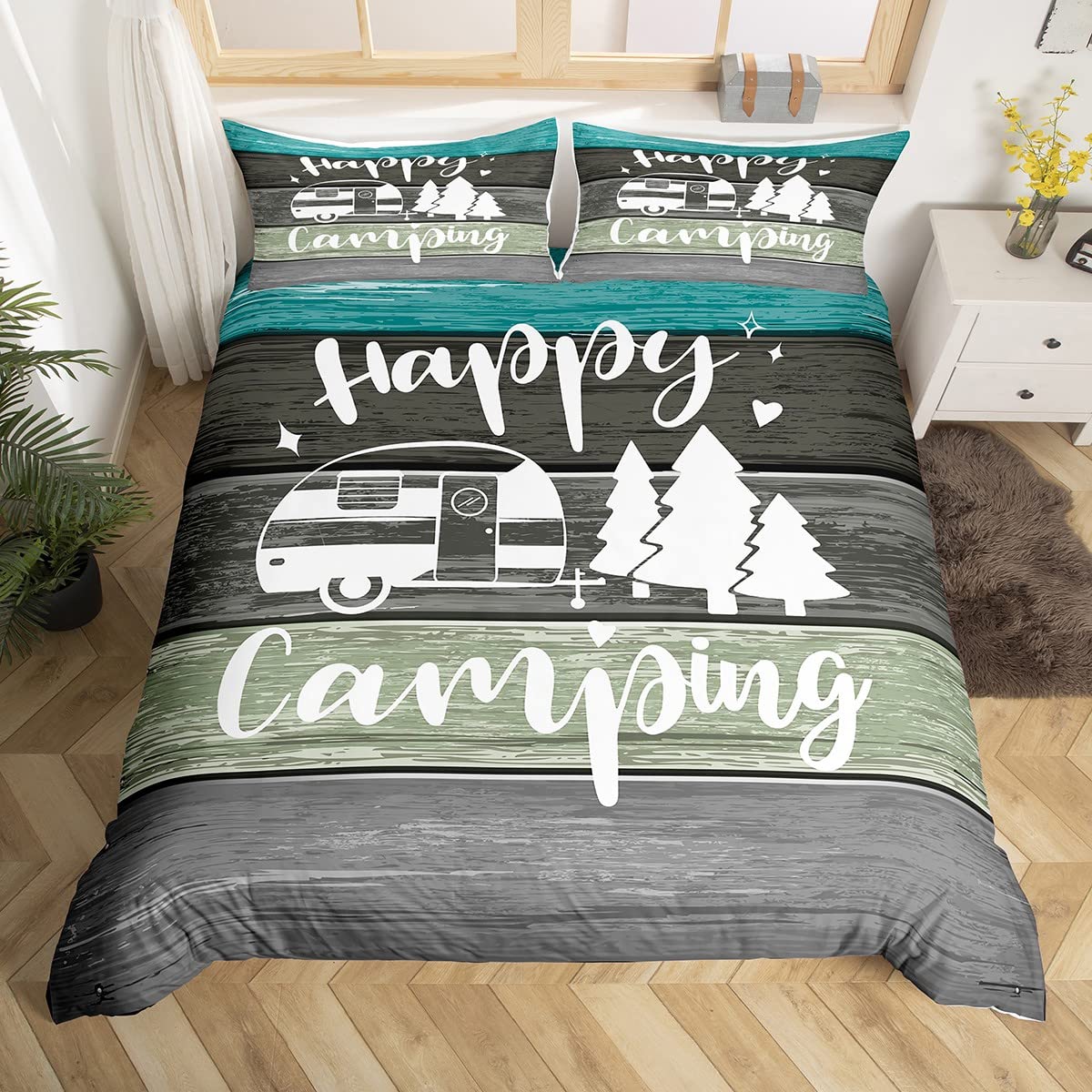 richhome Camper Travel Trailers Decorations,Pine Tree Drawing Design Duvet Cover for Kids Boys Girls Teens,Rustic Farmhouse Style Bedroom Decor for All Season,Single Comforter Cover — image 1