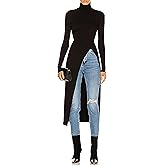 Women's Turtleneck Long Sleeve Tops High Neck Asymmetrical Split Hem Long Shirts Tunic Slim Fit Blouse