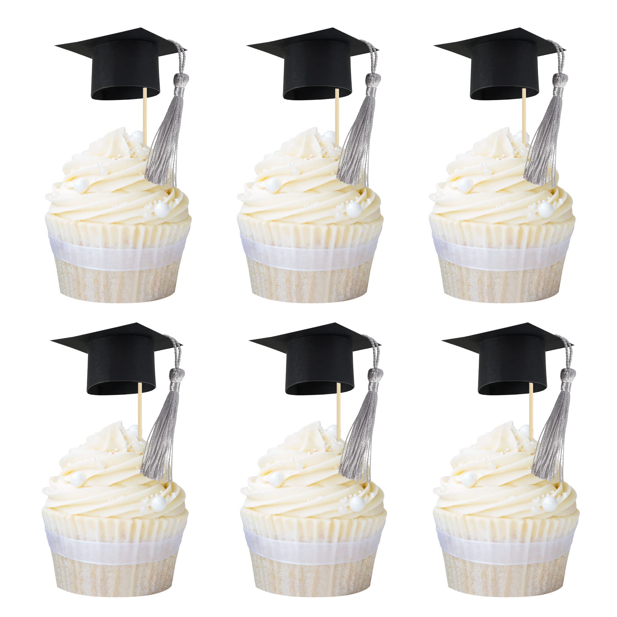 Gyufise 24Pcs 3D 2026 Graduation Cap Cupcake Toppers DIY 2026 Congrats Grad Cupcake Picks Graduation Cap with Silver Tassels 2026 Graduation Cupcake Picks for Graduation Theme Party Supplies