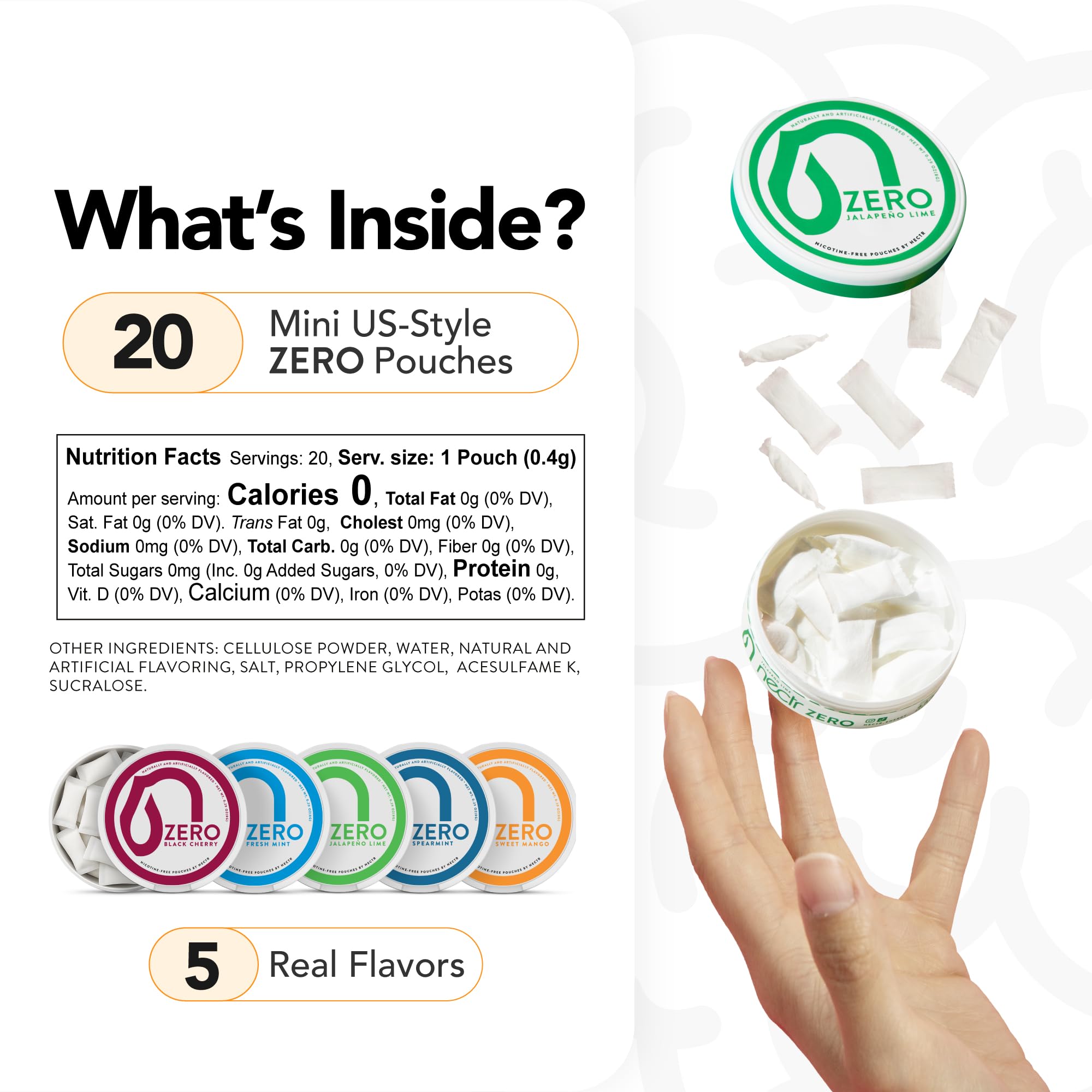 Nectr Energy Zero Pouches - No Caffeine, No Sugar, Zero Calories Mini Pouches for Oral Fixation and Stress Relief - 4 Pucks of 20 - Fresh Mint Flavor