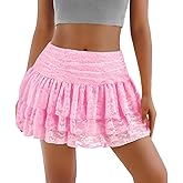 Women's Lace Mini Skirt with Shorts Sexy Mesh Short Skirts Layered Ruffle Skirts A Line Hight Waisted Skirt Skort