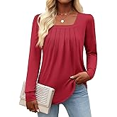 Funlingo Women's Puff Long Sleeve Tops Dressy Casual Square Neck Pleated Work Blouse Fall Trendy Tunic Flowy Chiffon Shirts