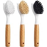 Holikme 3 Pack Dish Brush with Bamboo Handle Cleaning Brush,White Black | Dish Brushes Vegetable Scrubber Round Natural Scrub Brush Cleaning Kit for Cleaning Saucepans, Pots, Pans and Vegetables