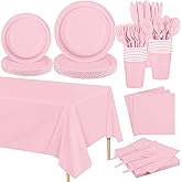 Kochorie 169 Pieces Light Pink Party Supplies Disposable Dinnerware Set Include Plates and Cups Napkins Plastic Forks Knives Spoons Tablecloth for Wedding Birthday Party Decorations, Serve 24 Guests