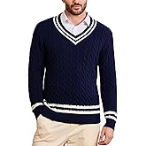 Kallspin Mens V Neck Sweater Pullover Pure Cotton Cable Knit Preppy College Style Knitwear Long Sleeve