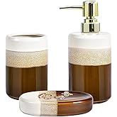 Bathroom Accessories Set of 3, Natural Reactive Glaze Ceramic Bathroom Sets Complete-Toothbrush Holders, Soap Dispenser, Soap Dish, Luxury Bathroom Decor, Bathroom Countertop Organizer, Brown Gold