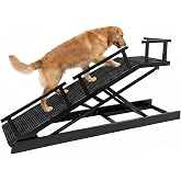 65" Foldable Dog Ramp for Bed, 6-Level Height Adjustable (13"-32.1") with Rest Platform, Carpet Surface Removable Washable Cover &amp; Waterproof Backing, Safety Rails &amp; Glow Strips, for Large Senior Dogs