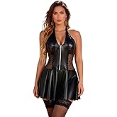 comeondear Women's Plus Size PU Leather Lingerie Set Backless Babydoll Clubwear with V-Neck Sexy Mini Dress with Zipper
