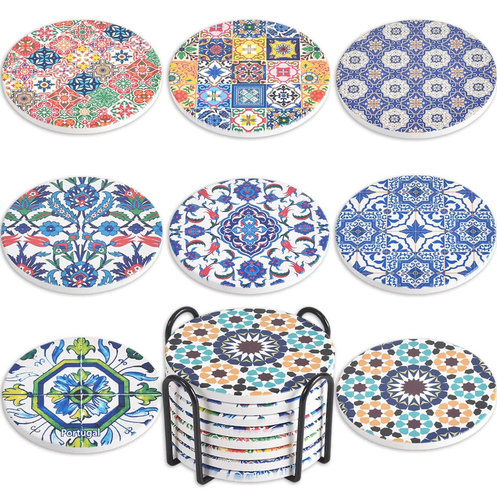 Newk Coasters for Drinks, Set of 8 Ceramic Absorbent with Metal Holder, Portuguese Pattern Coasters for Coffee Table, Great Housewarming Gifts
