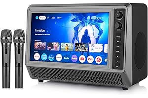 Feihe 15.6 inch Small Smart TV with Speaker System, Loud Portable Bluetooth Speaker Design Retro Smart Television, Karaoke Wireless Microphones, Support HDMI/AUX/USB for Home Party Camping
