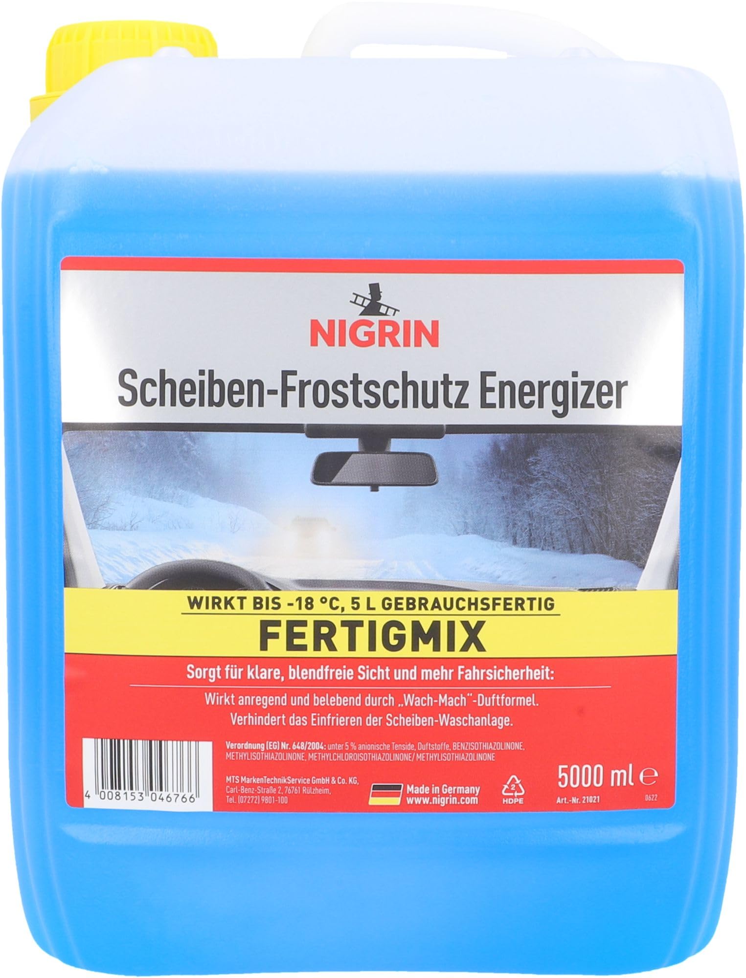 NIGRIN Scheiben Frostschutz Fertigmix ENERGIZER | 5 Liter | wirksam bis -18°C | Reinigungszusatz für Autoscheiben und Scheinwerfer | gegen Schnee, Salz, Öl, Ruß | schlierenfreie Sicht | Wach-Mach Duft