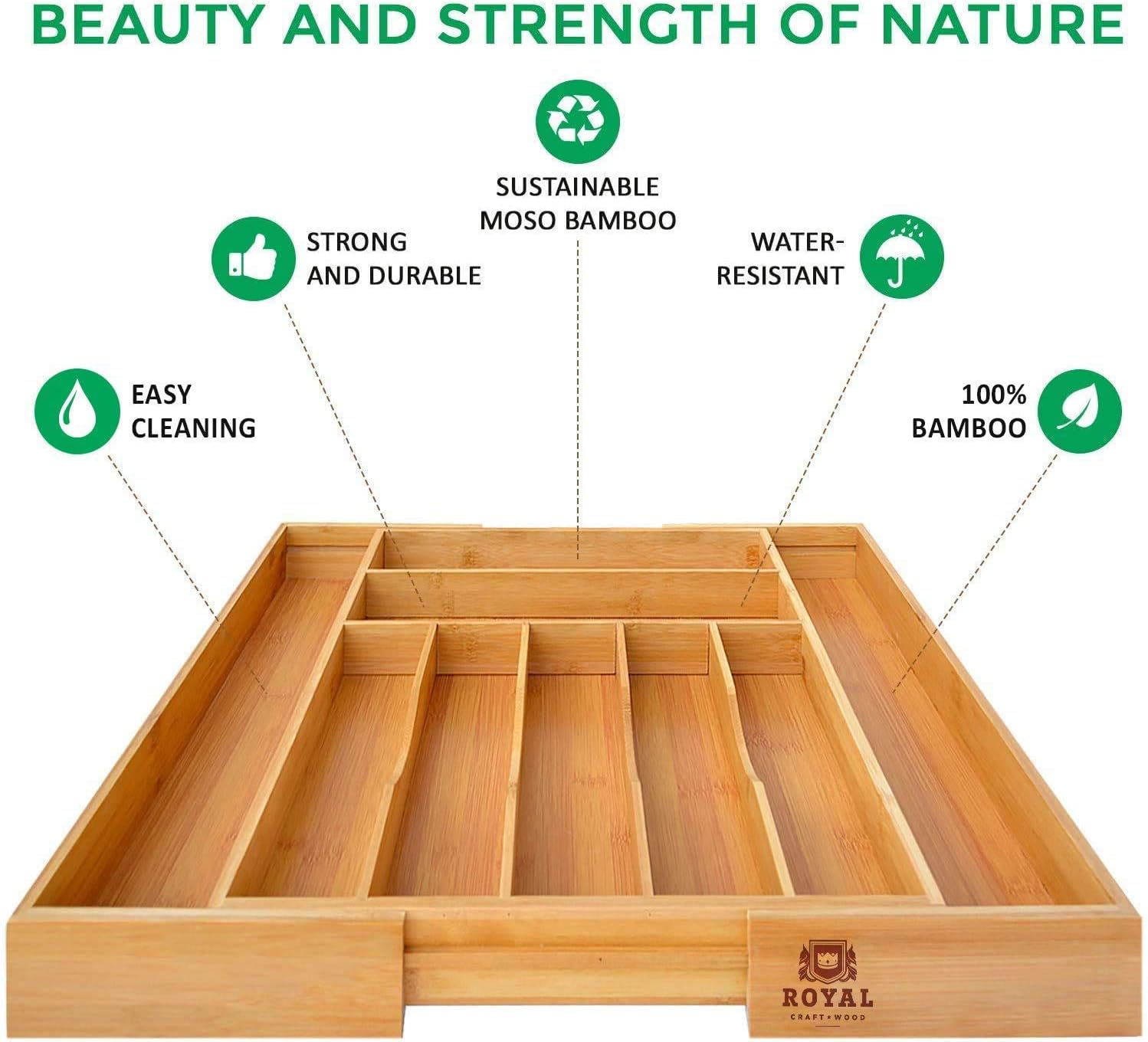Bamboo Kitchen Drawer Organizer - Expandable Silverware Organizer/Utensil Holder and Cutlery Tray (20”-17.5”, Natural) -