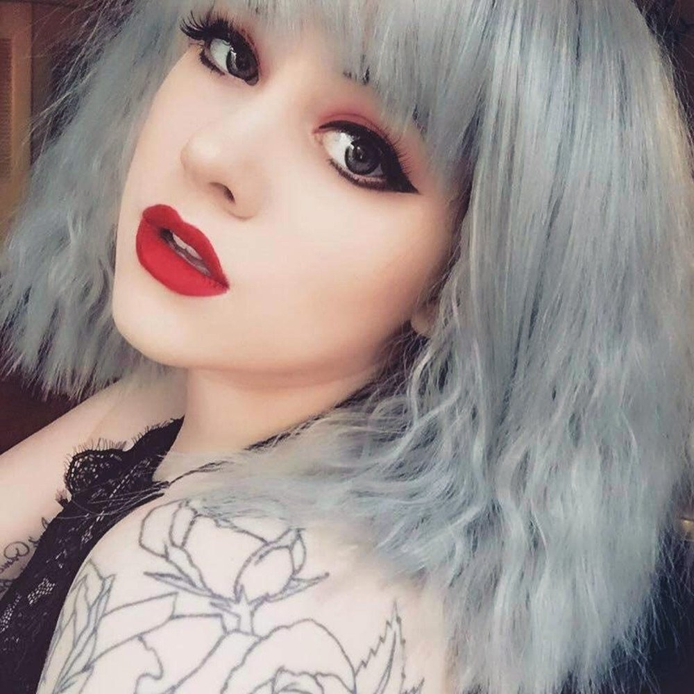 eNilecor Women Short Bob Fluffy Hair Full Wigs with Bangs Heat Resistant Kinky Straight Custom Cosplay Party Wigs (Grey)