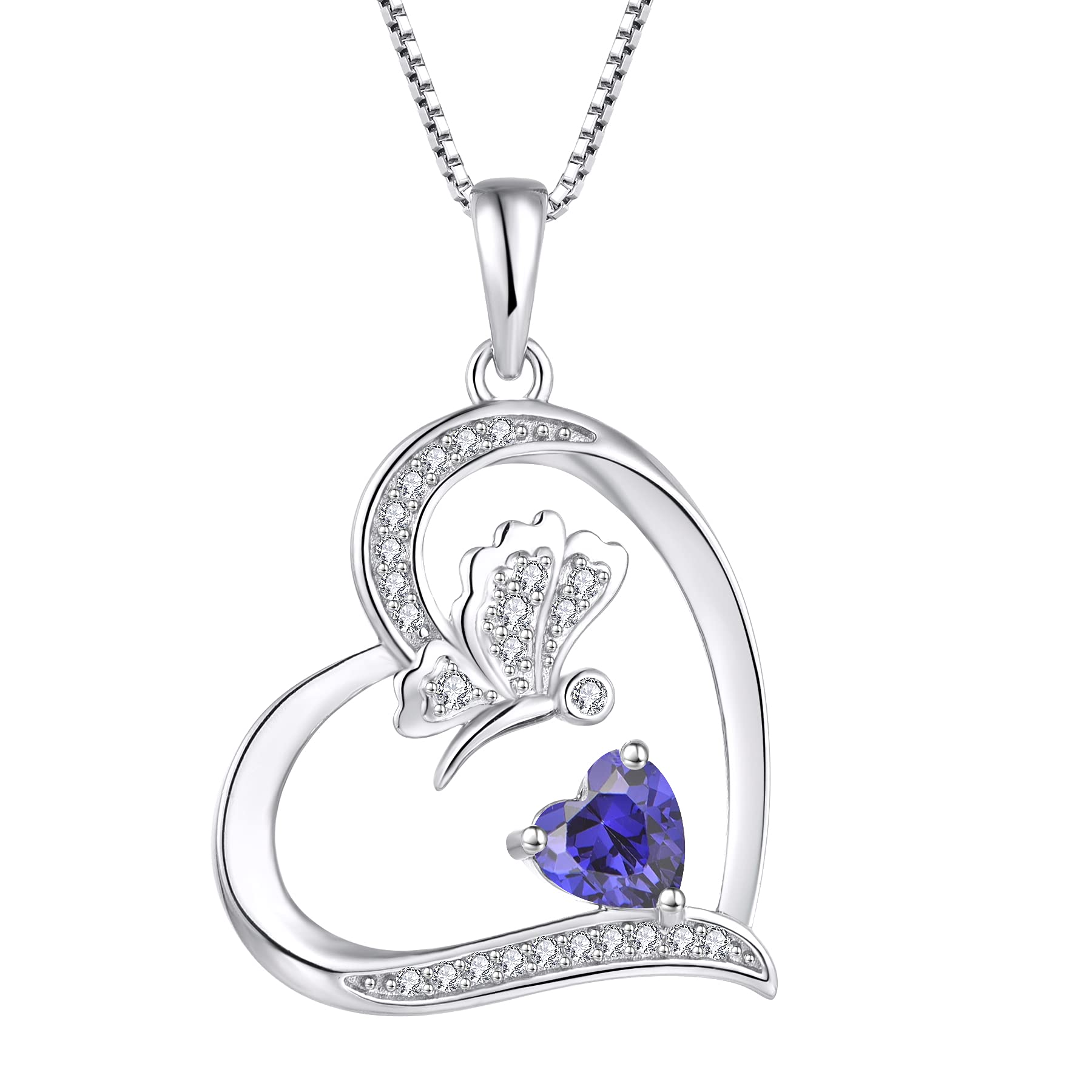 FJ Love Heart Butterfly Necklace 925 Sterling Silver Tanzanite Necklace December Birthstone Pendant Jewellery for Women