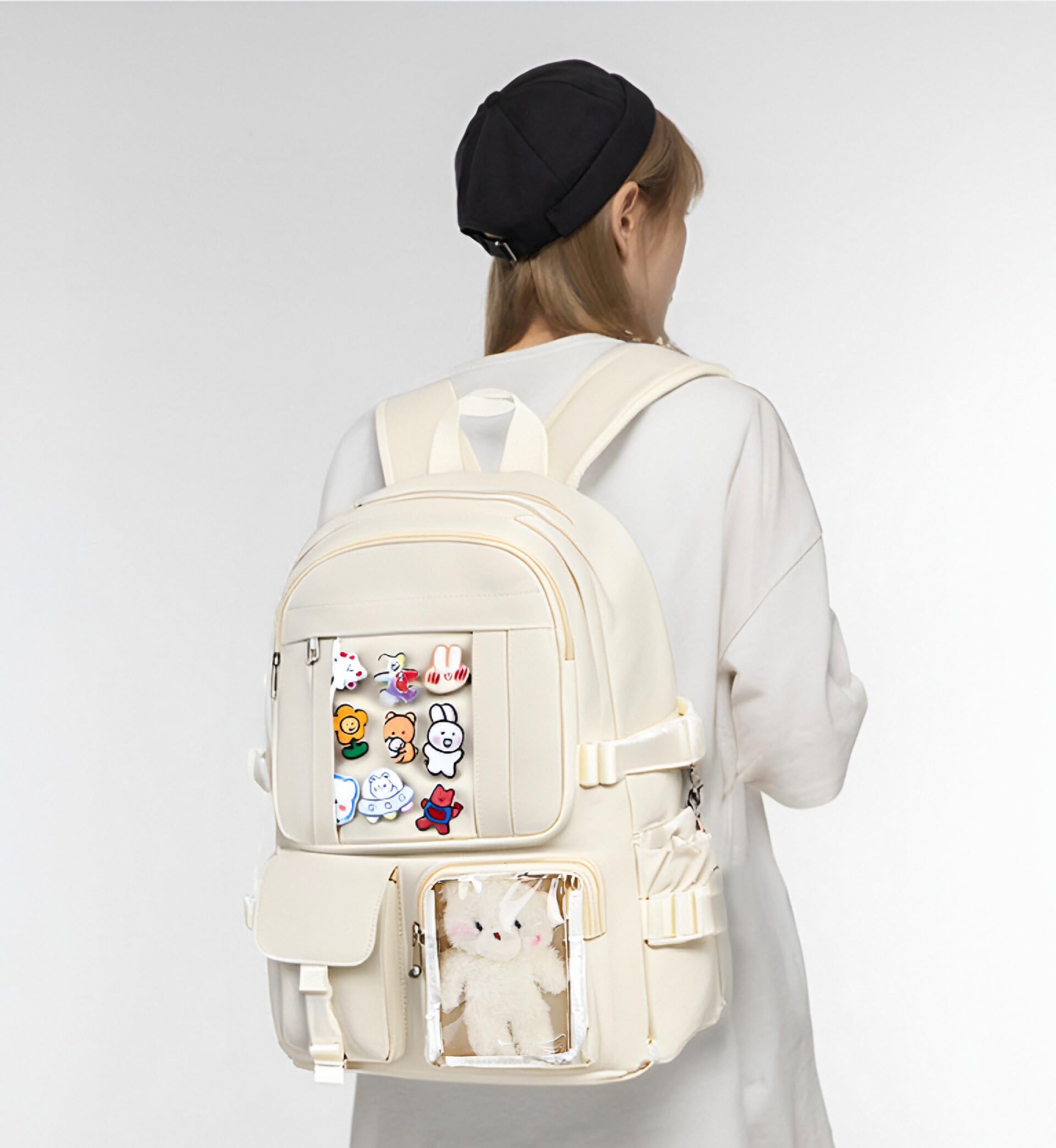 PRLINJSK Kawaii Backpack for Teen Girls, Cute Aesthetic High Middle School College Bookbag with Accessories, Beige