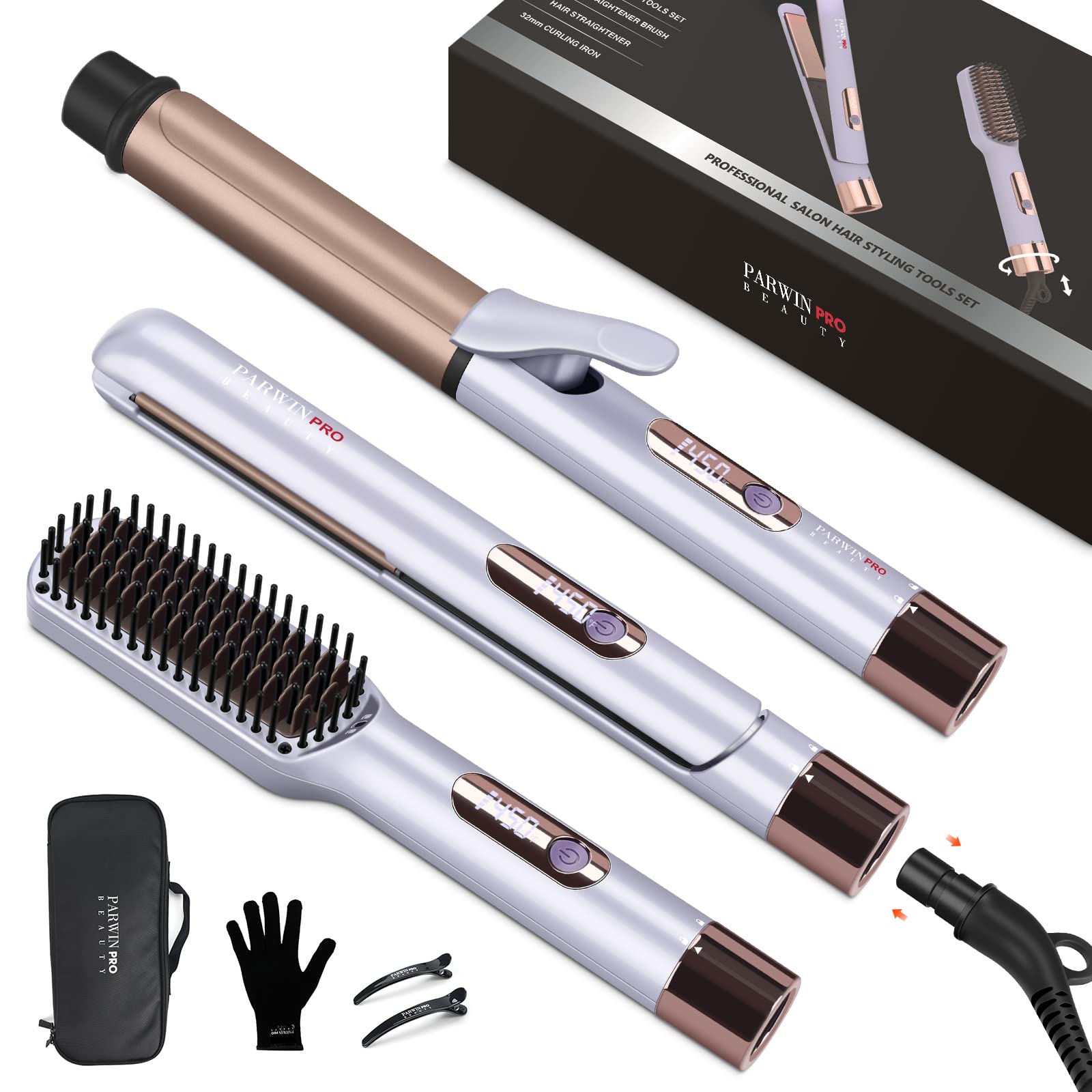 Photo 1 of Hair Straightener and Curler, PARWIN PRO BEAUTY 1'' Flat Iron,1.25'' Curling Iron Hair Straightener Brush with Detachable Power Cord, LED Temp Control & Instant Heat Up, Dual Voltage, for Home Travel