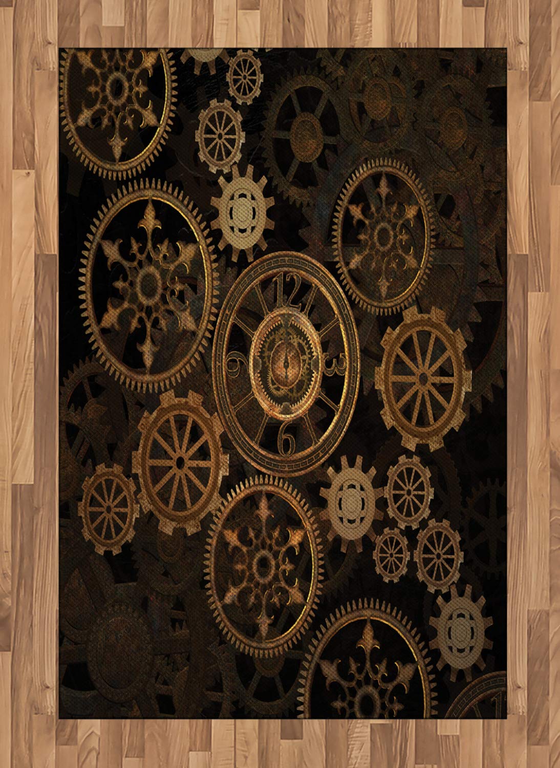 ABAKUHAUS Steampunk Area Rug, Dark Toned Mechanical Composition Including Various Wheels Gears Image, Flat Woven Accent Rug for Living Room Bedroom Dining Room, 4' X 5.7', Dark Brown Sand Brown