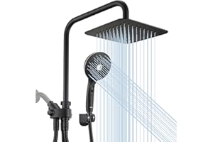 Ryamen Dual Shower Head Combo, 8'' High Pressure Rain Shower Head with Handheld Spray, 6 Settings Handheld Showerhead, 15" Height Adjustable Slide Bar, Angle Adjustable, Matte Black