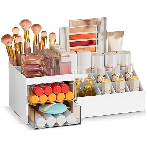 Subsky Makeup Organiser Cosmetics Storage with Drawers, Skincare Organiser, Offices Multi-function Organizer, Cosmetic Storage Box with Drawers, for Dresser, Bedroom, Bathroom, White