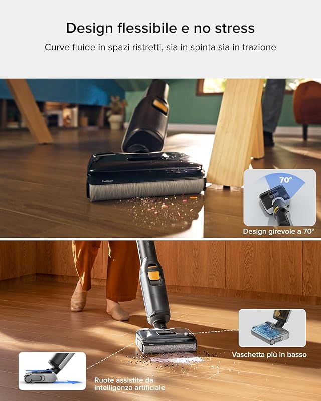 F25 BX Aspirapolvere e Lavapavimenti 20.000 Pa, Autopulizia ad Alta Temperatura fino a 90 °C, Lavapavimenti Antigroviglio, Inclinazione a 180°, Posizione distesa, Pulizia a Doppio Bordo