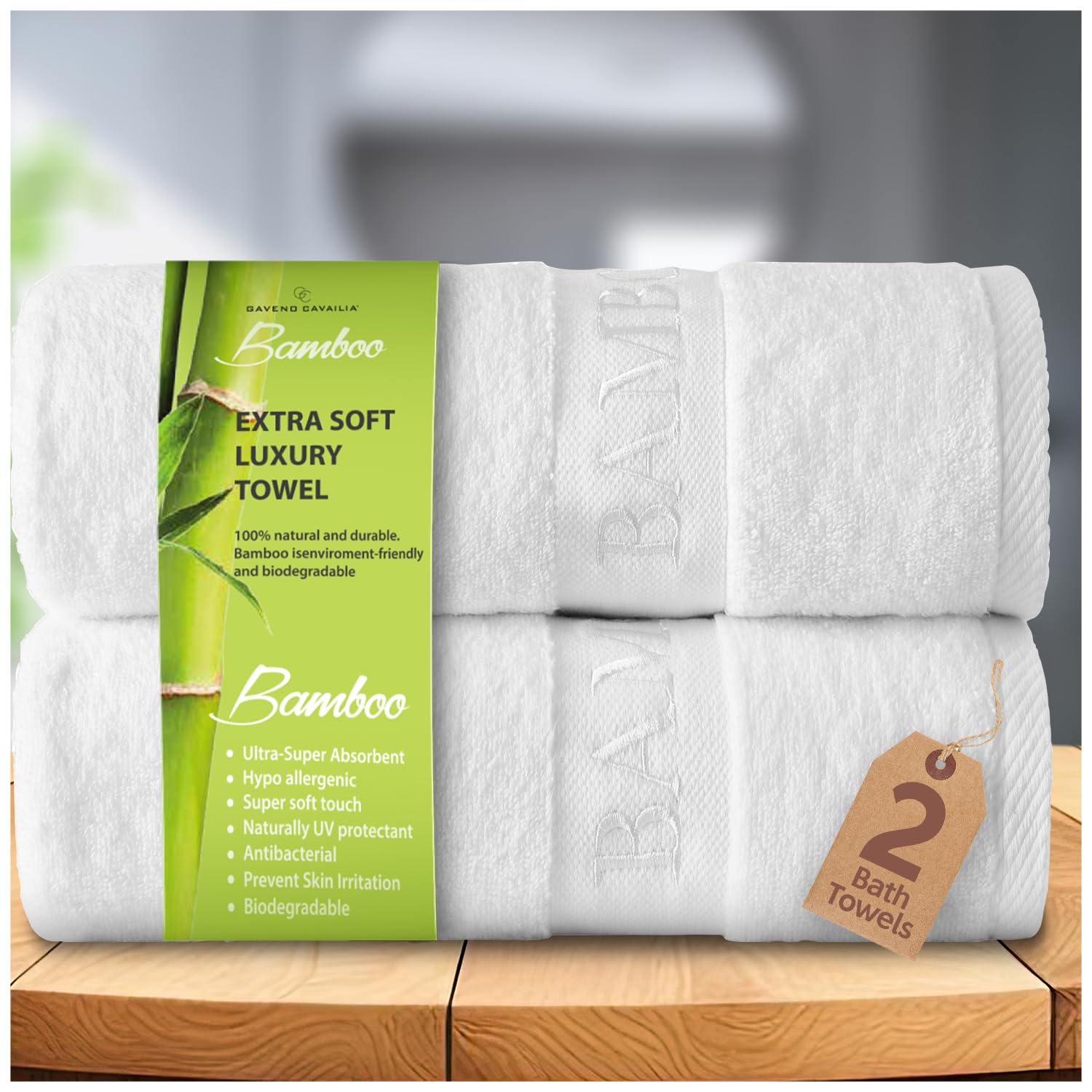 GC GAVENO CAVAILIA Large Bath Towel Bamboo Towels 2 Pack (70x120cm) - Highly Absorbent Quick Dry Towels (40% Cotton, 60% Bamboo) - Washable Bathroom Towel White - 500 GSM