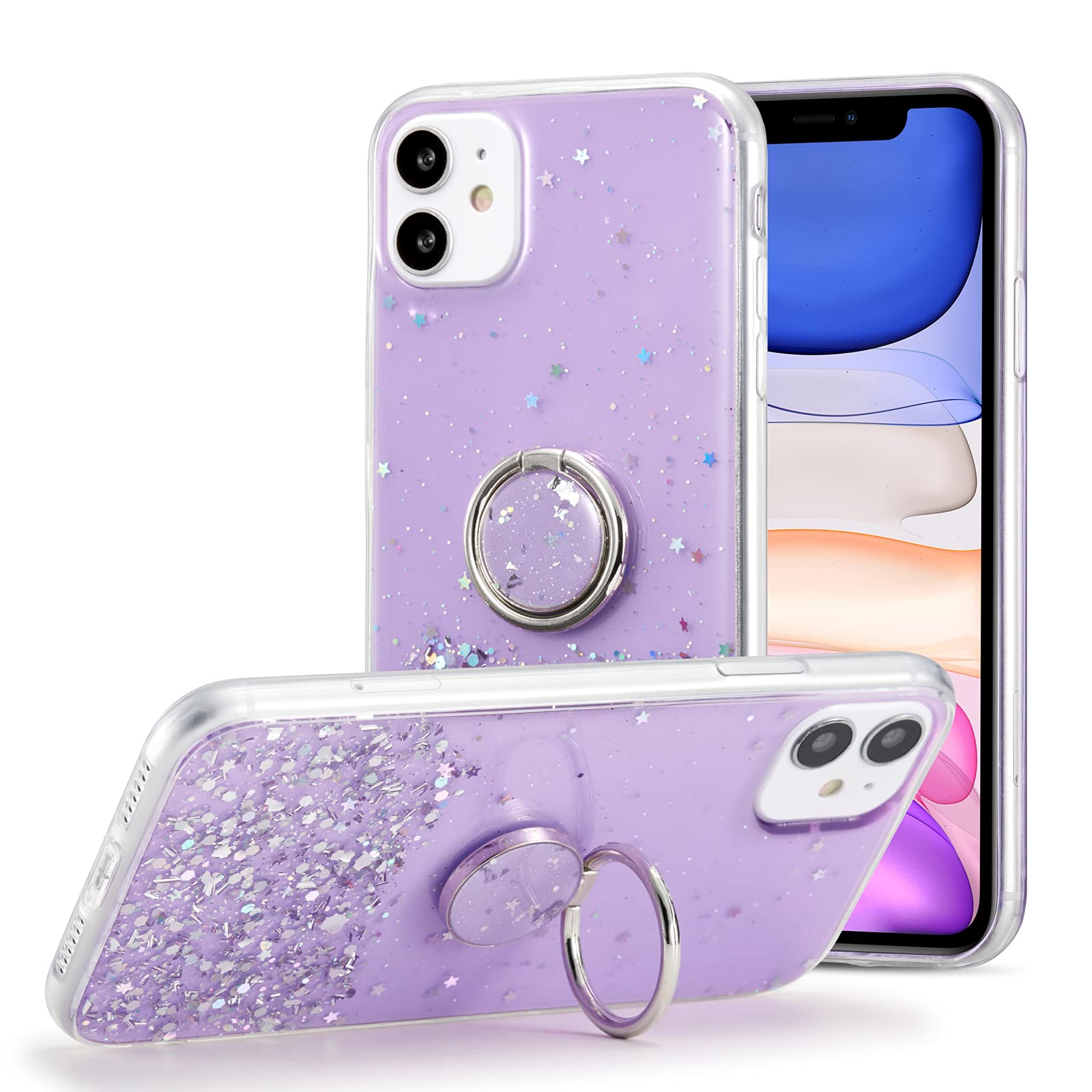 DEFBSC for 6.1" iPhone 11 Case with Ring, Glitter Sequin Clear Back Cover with 360° Rotation Ring Holder Kickstand,Soft TPU Bumper Phone Case Slim Transparent Sequin Back Case - Purple