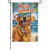 Hello Summer Garden Flag 12x18 Inch Double Sided, Golden Retriever Dog Yard Flag For Outdoor, Summer Seasonal Decors For Farmhouse Holiday Outside