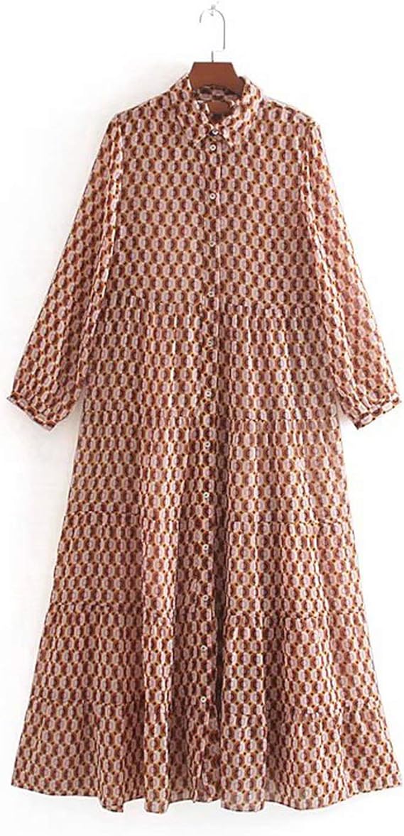 koweis Geometric Printing Women Long Sleeve Shirtwaist Dress Leisure Lady Loose Chiffon Dresses 