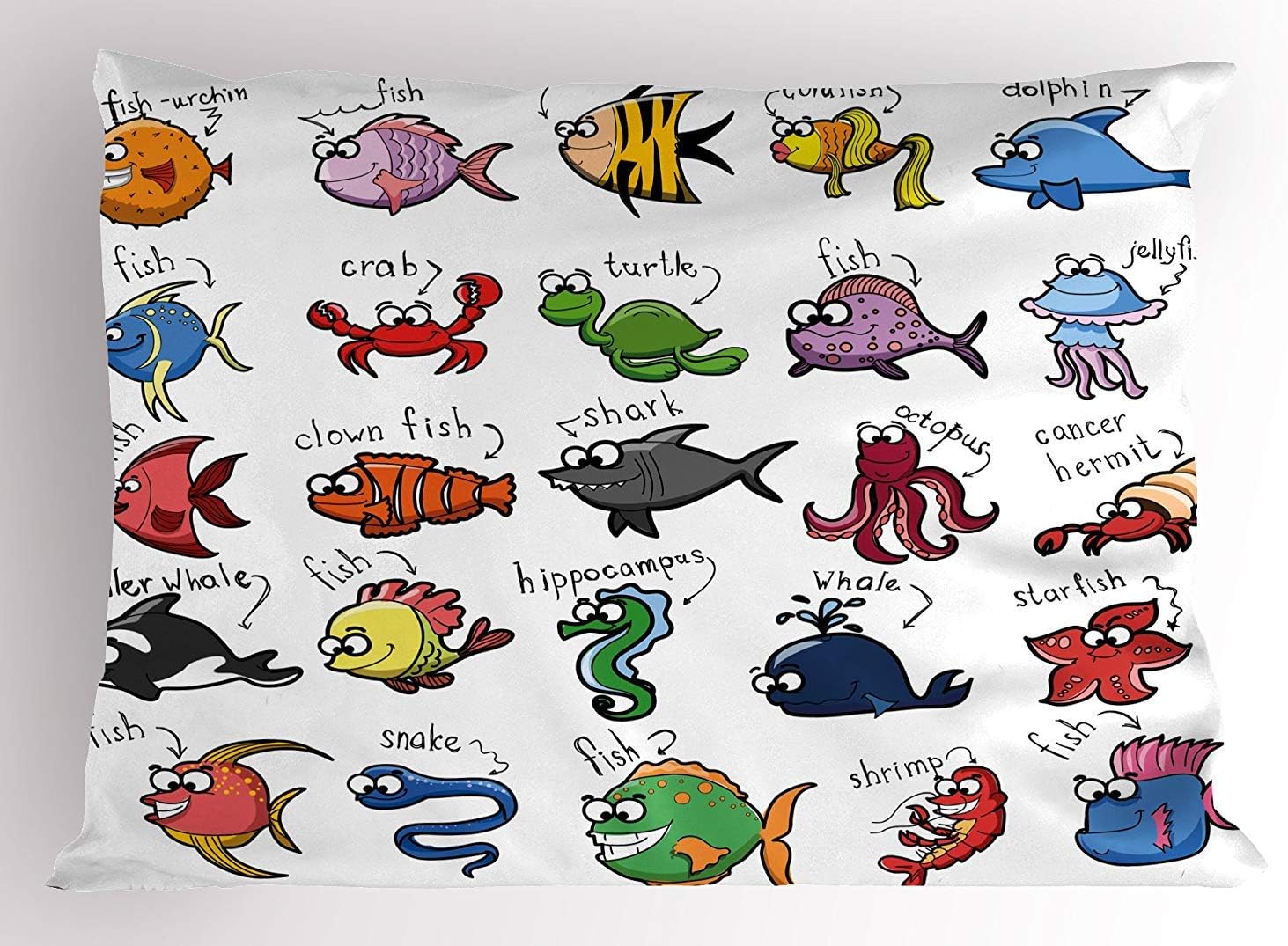 Kids Pillow Sham, Aquarium Cartoon Octopus Dolphin Shark Whale Clown Fish Jellyfish Hermit Crab Marine, Decorative Standard Queen Size Printed Pillowcase, 30 X 20 inches, Multicolor