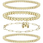 Gold Bracelets Stack Beaded for Women: Dainty 14k Gold Bracelets for Women Non Tarnish Stackable - Initial Bracelet Set for Women Small Wrist Trendy - Bubble Letter Stretch Charm Bracelet Gold Jewelry