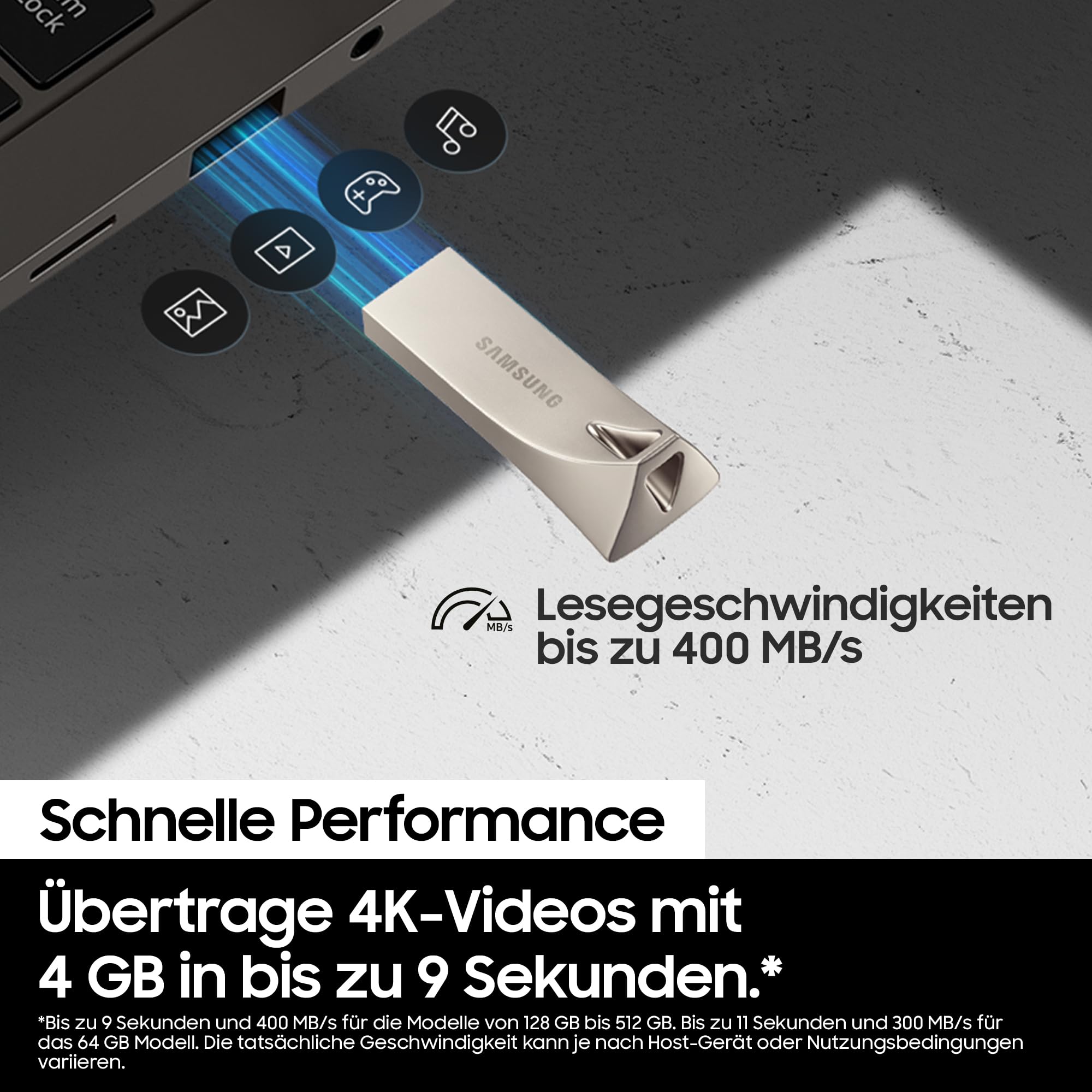 Samsung BAR Plus USB-Stick Typ-A, 512 GB, 400 MB/s Lesen, 110 MB/s Schreiben, Widerstandsfähiger USB 3.2 Speicherstick mit Schlüsselring, Champagne Silver, MUF-512BE3/APC 5