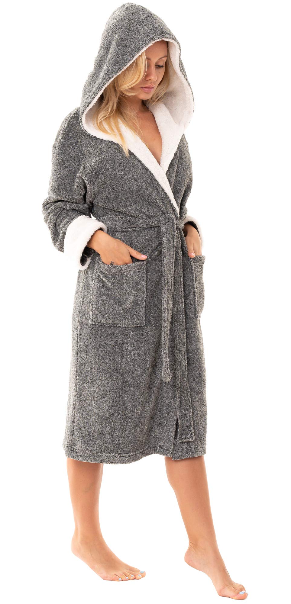 Women's Soft Fleece Hooded Bathrobe, Grey Marl (L)