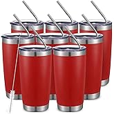 COMOOO 20oz Double Wall Vacuum Insulated Travel Mug, Stainless Steel Tumbler with Lid and Straw Durable Powder Coated Insulated Coffee Cup for Cold & Hot Drinks (Red, 8 PACK)