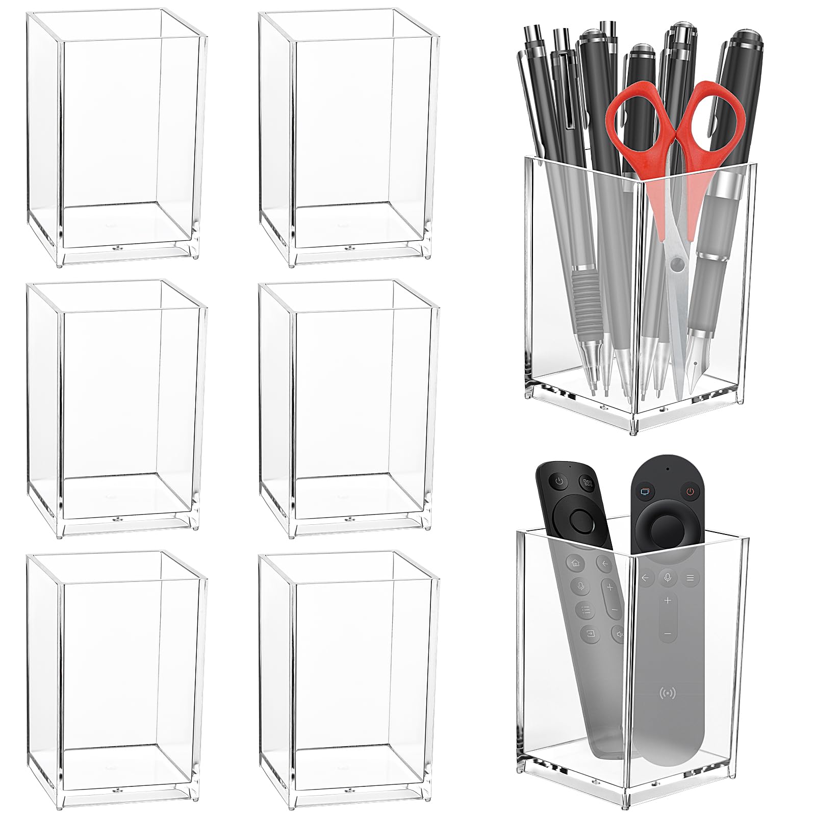 Akamino 8 PCS Acrylic Pen Pot, 6.5 x 6.5 x 10 cm Square Pen Pencil Holder，Transparent Desktop Stationery Makeup Brush Storage Organizer Clear Pen Cup for Office School Home