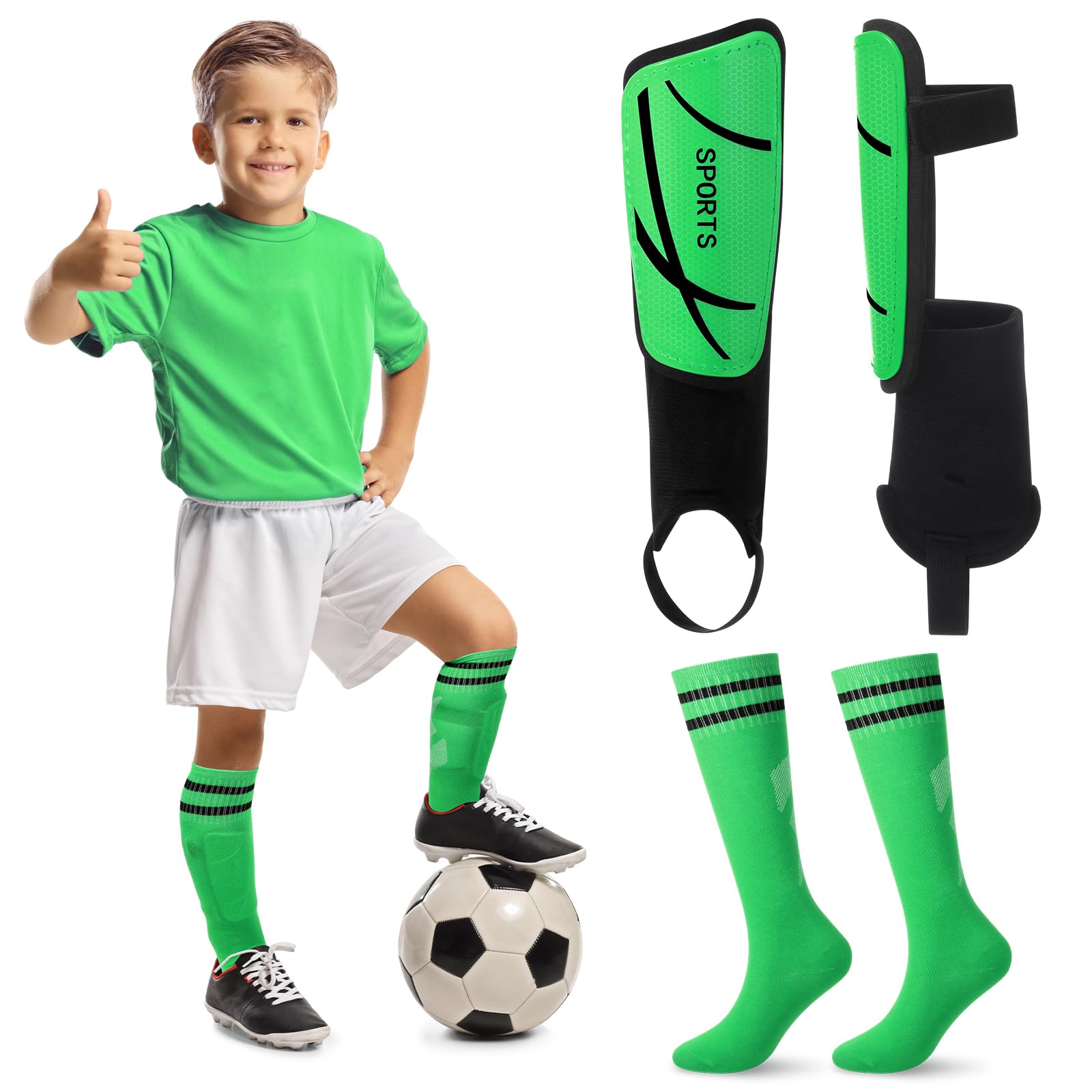 Photo 1 of VercanMonth Soccer Shin Guards and Socks Kids Youth Lightweight Soccer Pads Defender with Ankle Protection Ski Shin Guards Football Equipment for Age 4-14 Toddler Boys Girls Teens(Medium,Green)