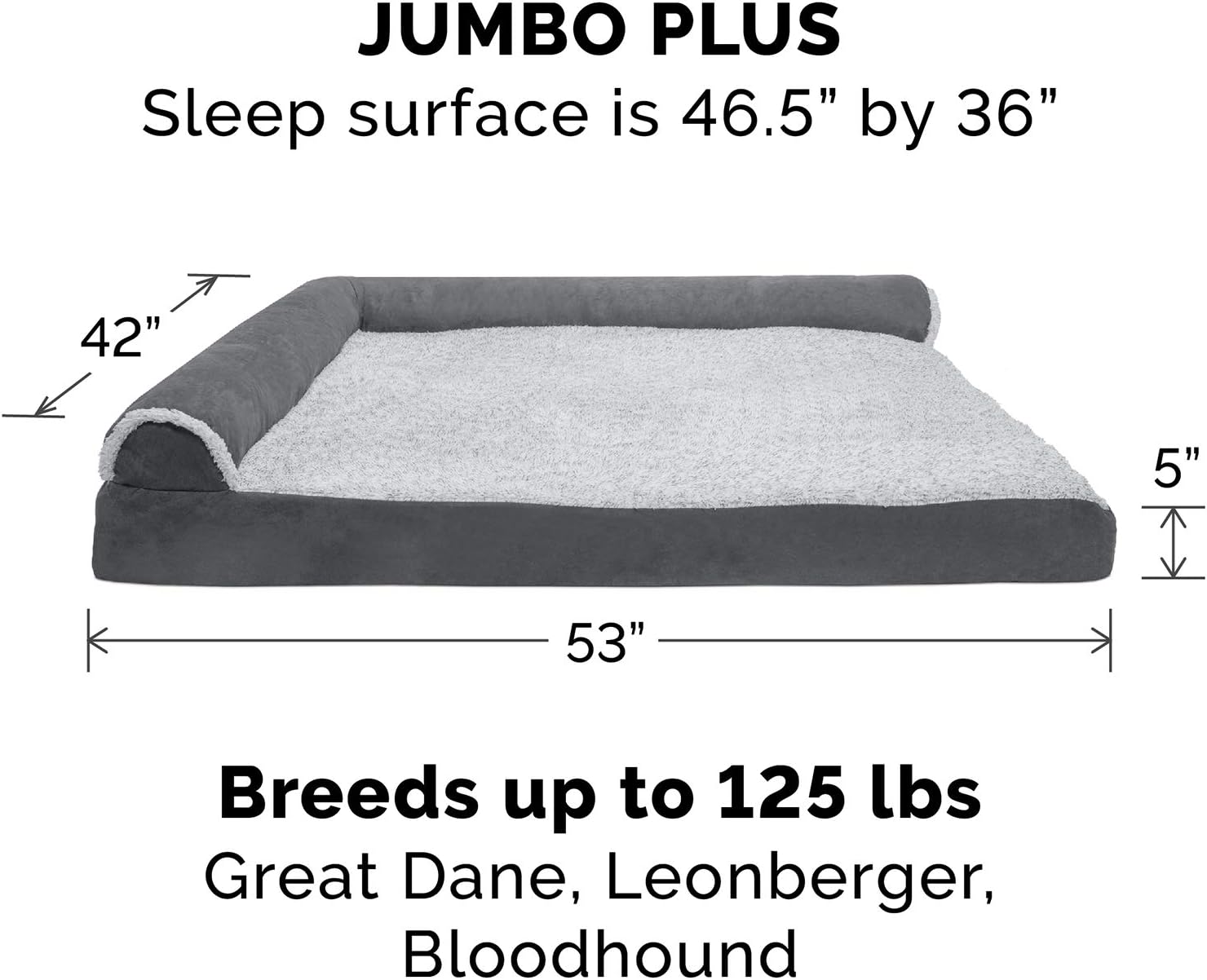 Furhaven Pet Dog Bed - Deluxe Orthopedic Two-Tone Plush and Suede L Shaped Chaise Lounge Living Room Corner Couch Pet Bed with Removable Cover for Dogs and Cats, Stone Gray, Jumbo Plus : Pet Supplies