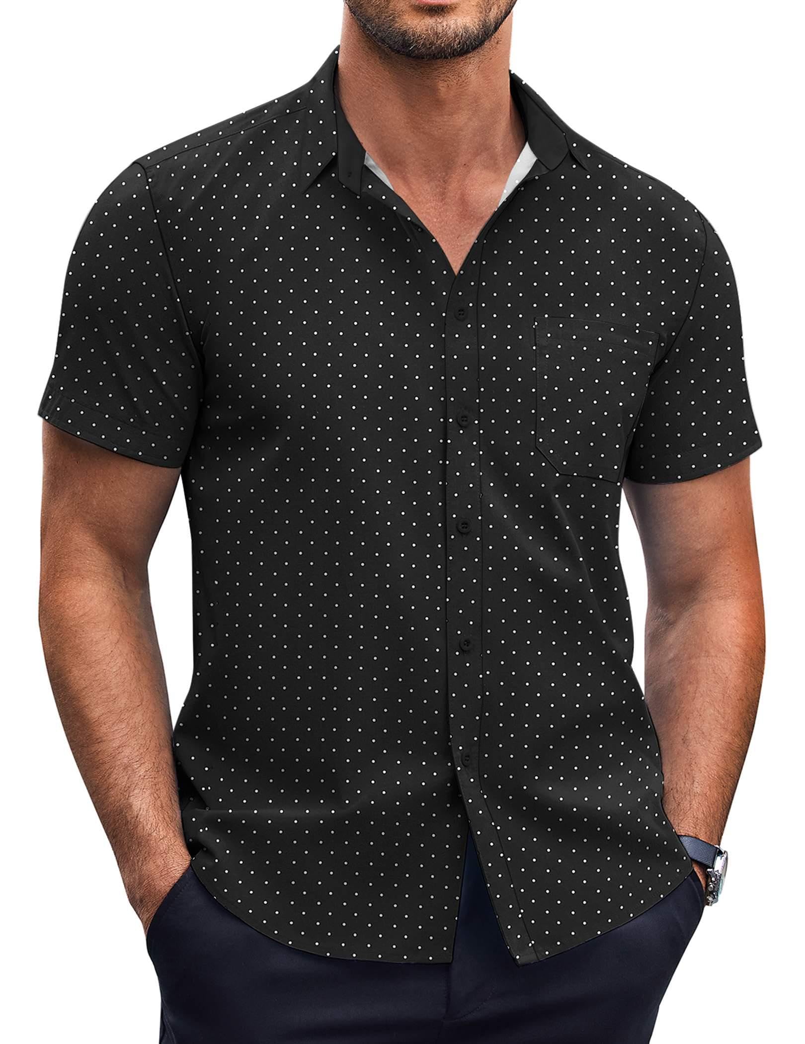 COOFANDY Mens Short Sleeve Button Down Shirts Wrinkle Free Dress Shirts Casual Polka Dot Print Shirt with Pocket