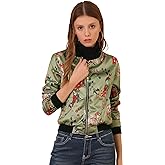 Allegra K Women's Bomber Jacket Satin Long Sleeve Zipper Floral Print Casual Fall Coat with Pocket Winter Outwear