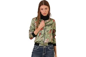 Allegra K Women's Bomber Jacket Long Sleeve Casual Coat Zipper Floral Print Outwear Tops Windbreaker with Pocket
