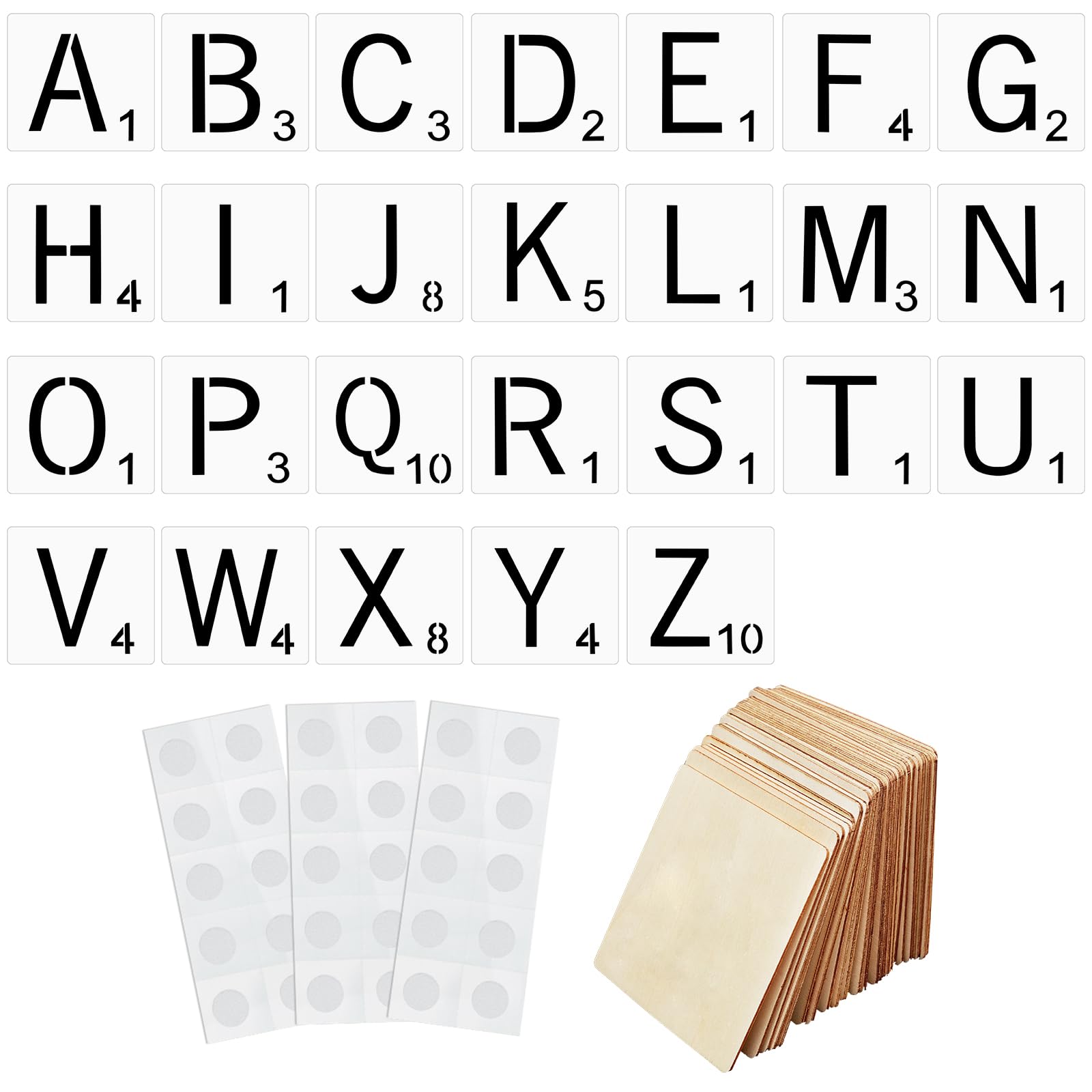 26 Pieces 4 Inch Tile Letters Stencil Alphabet, 26 Pieces Square Unfinished Blank Wood Slices and 3 Pieces Transparent Sticky Putty for Wall Decoration DIY Projects