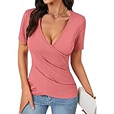 KIFOVEN Women’s Summer T Shirt Short Sleeve Deep v Neck Wrap Ruched Slim Fit Tees Shirt