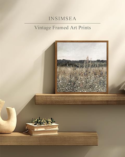 INSIMSEA SQUARE FRAMED CANVAS WALL ART, SCENERY FIELD HOME DECOR, VINTAGE MEADOW FLOWERS WALL ART PRINTS, RETRO NATURE FLORAL WALL DECOR FOR LIVING ROOM BEDROOM HOME BATHROOM 24″X24″