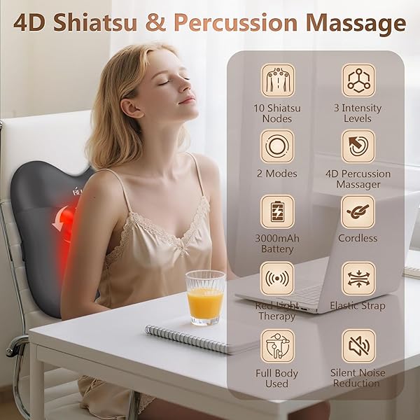 BACK MASSAGER WITH HEAT, CORDLESS BACK AND NECK MASSAGE FOR PAIN RELIEF DEEP TISSUE, 4D SHIATSU AND PERCUSSION MASSAGE PILLOW, LOWER BACK MASSAGER FOR OFFICE,GIFTS FOR CHRISTMAS WOMEN MEN, BLACK