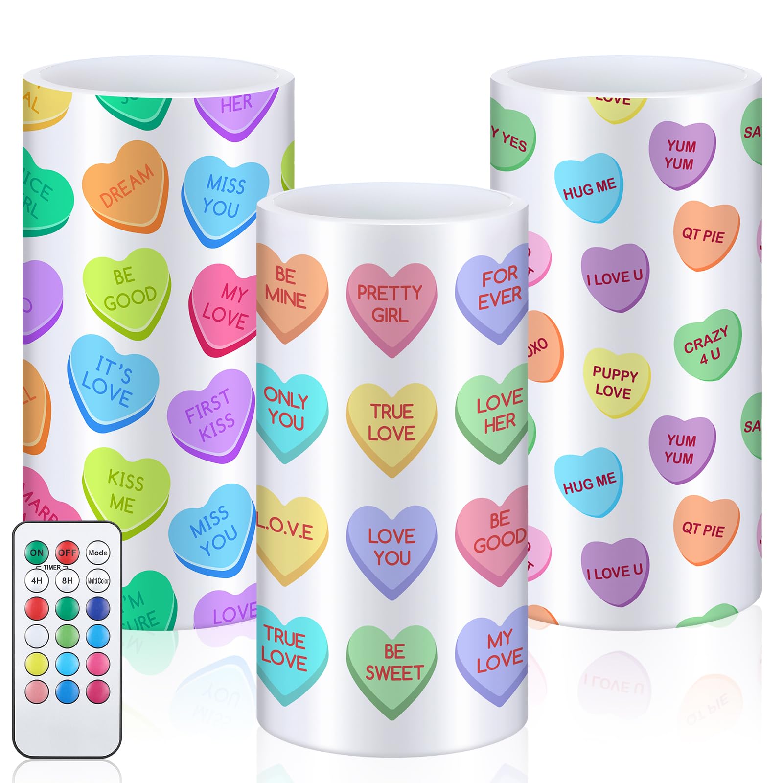 Photo 1 of 3 Pcs Valentine's Day LED Flameless Pillar Candles with Remote 3x6 Inch Conversation Heart Romantic Candy Candle Flickering Color Changing Battery Operated for Valentine's Party Room Decor Gifts