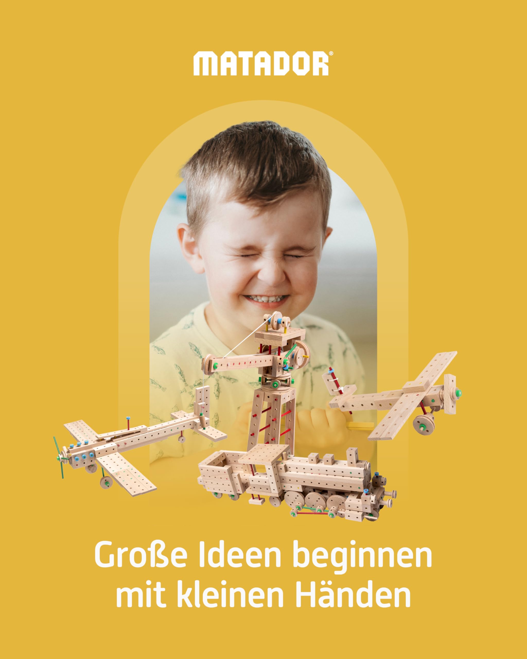 Matador Kinder Baukasten ab 5 Jahren 318-tlg. - Spannendes Holz Konstruktionsspielzeug zur Schulung von Kreativität und Feinmotorik, Bauspielzeug mit Stäbchen, Klötzen, Hammer & Zange 8