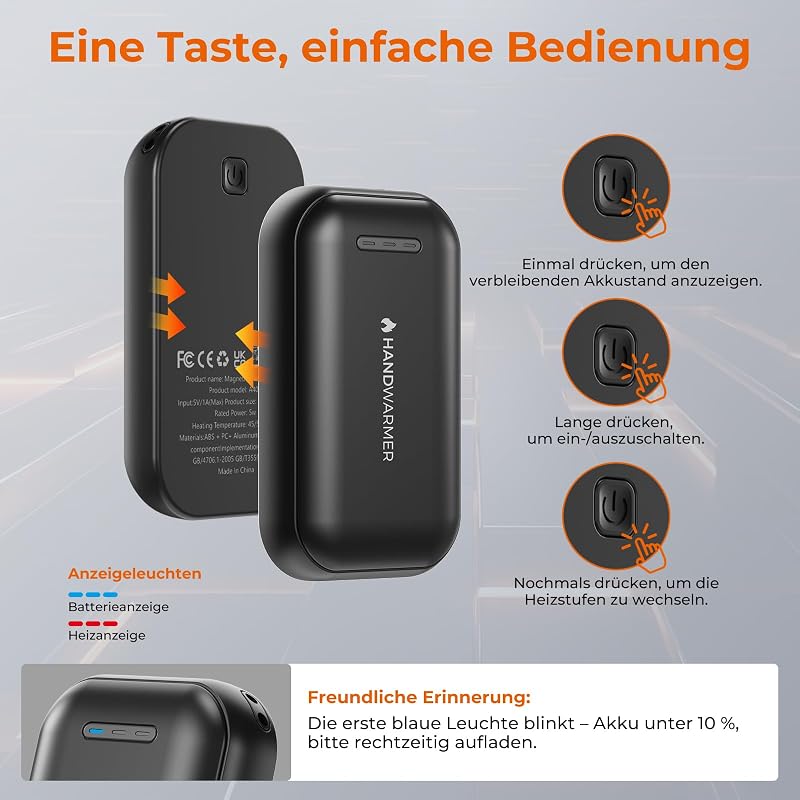 Handwärmer Elektrisch - 2er-Pack 6000mAh Magnetischer Taschenwärmer, USB-C Elektrische Handwärmer Wiederaufladbar Schnellheizung,3 Heizstufen Bis 55°C,für Outdoor,Golf,Camping,Raynaud (Schwarz)