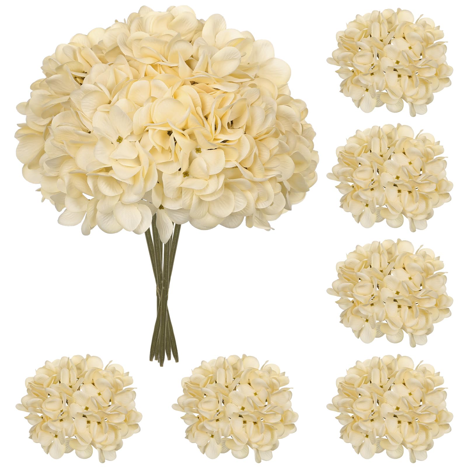 Photo 1 of Hollyone 6 Pcs Beige Hydrangea Artificial Flowers Heads with Stems Silk Faux Hydrangea Champagne Fake Flowers for Home Indoor Outdoor DIY Floral Wedding Flower Bouquets Kitchen Table Centerpiece Decor