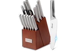 Hancorys Knife Block Set, Japanese Stainless Steel Kitchen Knife Set with Built-in Sharpener, Sharp Knives with Non-Slip Ergo