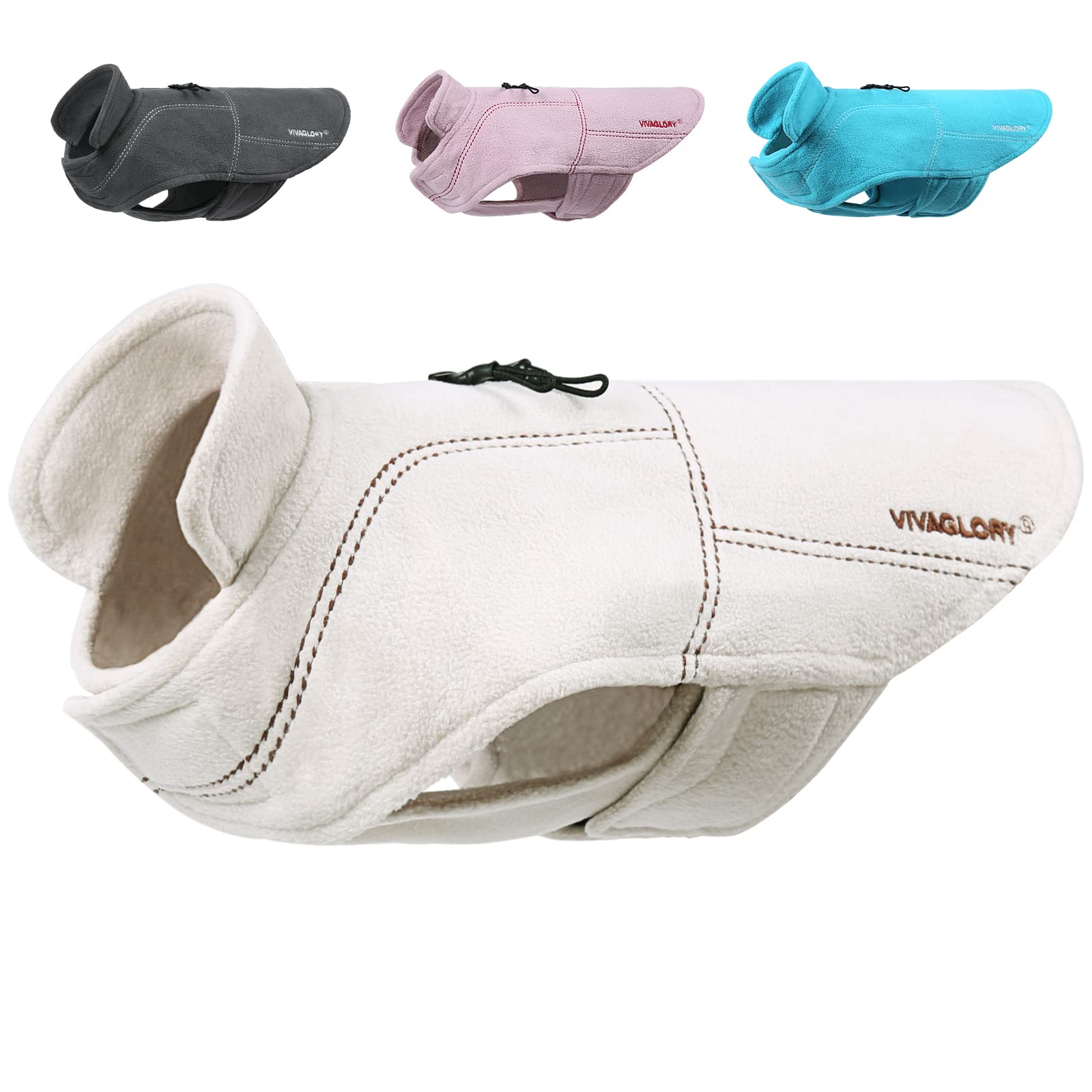 VIVAGLORY Softpad Dog Fleece Jumper, Dog Fleece for Fall & Spring, Coat with Harness Hole, Reflective Light Weight Soft Easy On Adjustable, XS, Beige